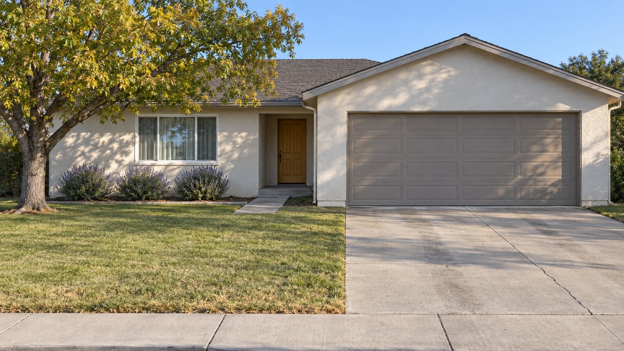 Single-story stucco house with a gabled roof, concrete driveway, deep front lawn and a branching tree in warm morning light.