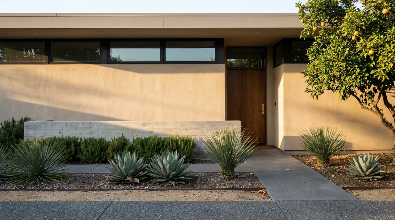Sand-colored stucco home with a recessed walnut door, black-framed windows, agaves, and an orange tree canopy.