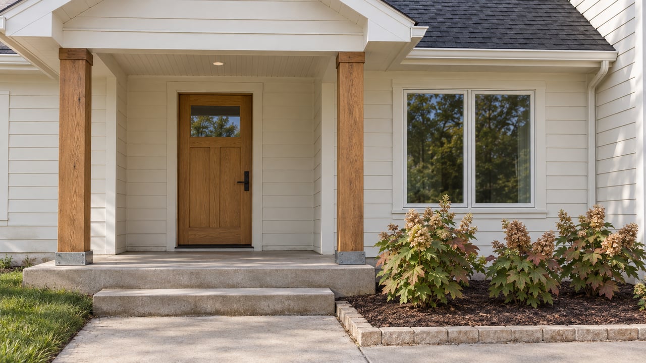 Close view of a white-sided home's sheltered oak front door, timber porch posts, concrete steps, and oakleaf hydrangeas.