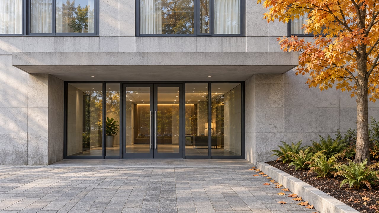 Condominium entrance with pale concrete cladding, paired glass doors and an amber maple beside a paved approach.