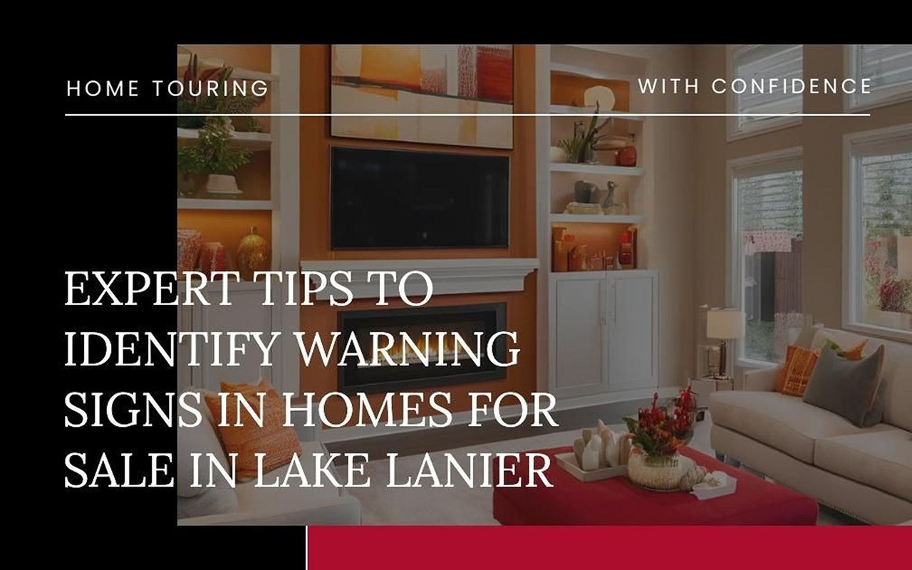 Tips for spotting warning signs in Lake Lanier homes, over a living room with a fireplace and red ottoman.