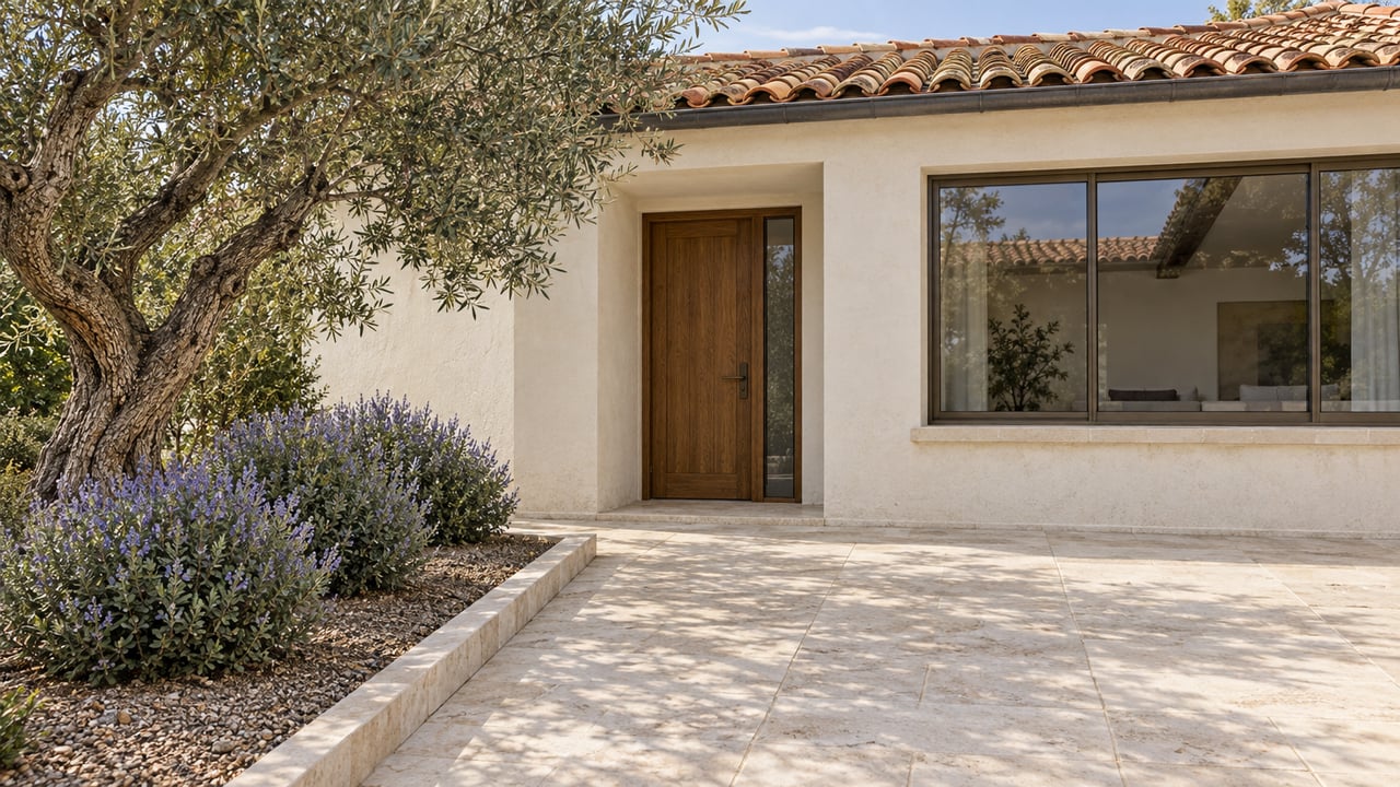 Warm stucco home with terracotta roof, oak entrance, bronze-framed window and limestone approach beside a mature olive tree.