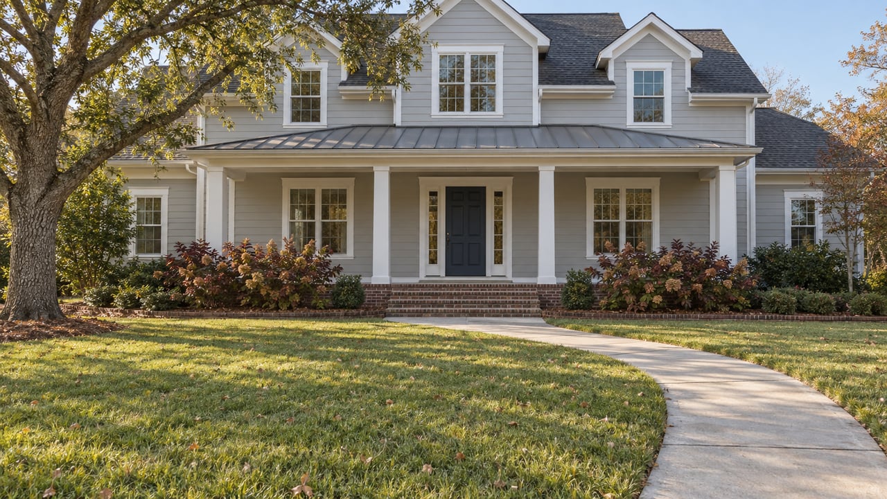 Pale gray two-story home with a navy front door, broad lawn, brick porch steps, and a mature live oak in autumn afternoon light.
