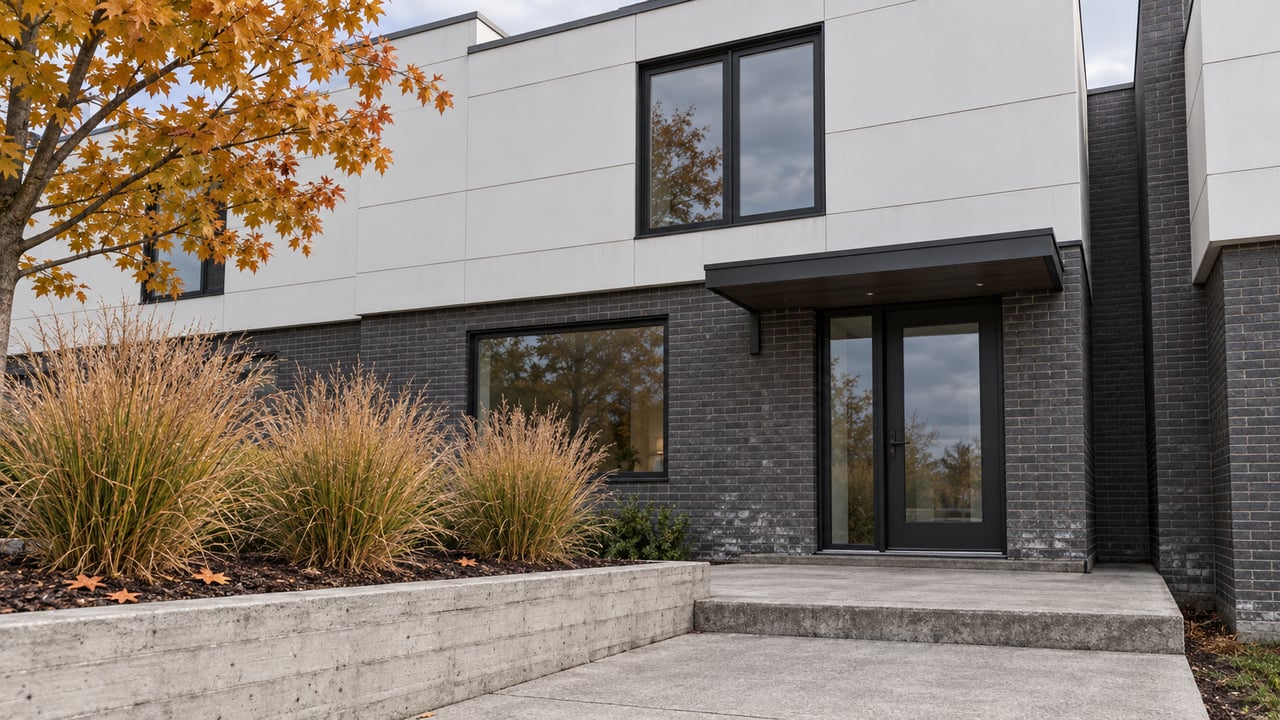 White-panel and charcoal-brick townhouse with black-framed windows, a concrete approach and raised autumn planting bed.