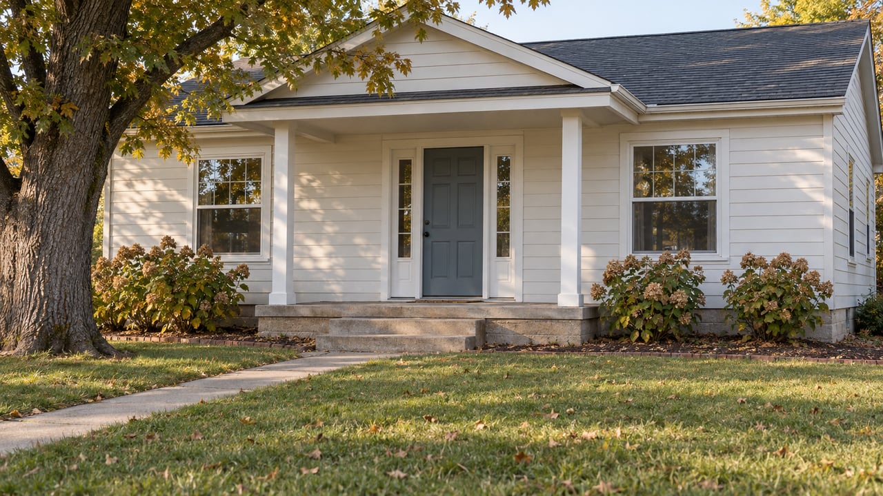 Light-sided single-story home with a covered porch, blue-gray front door, mature white oak and an autumn lawn.