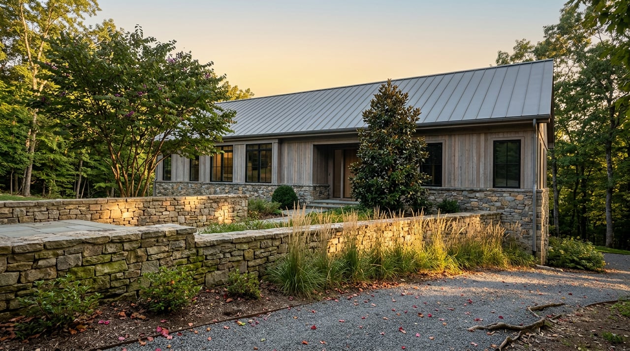 Custom stone-and-cedar home above terraced stone retaining walls, with magnolia and redbud trees