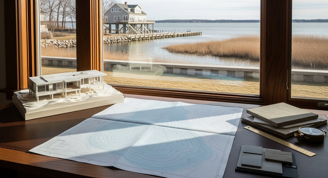 Architectural model and blueprints on a desk beside a window overlooking a marsh and waterfront house.