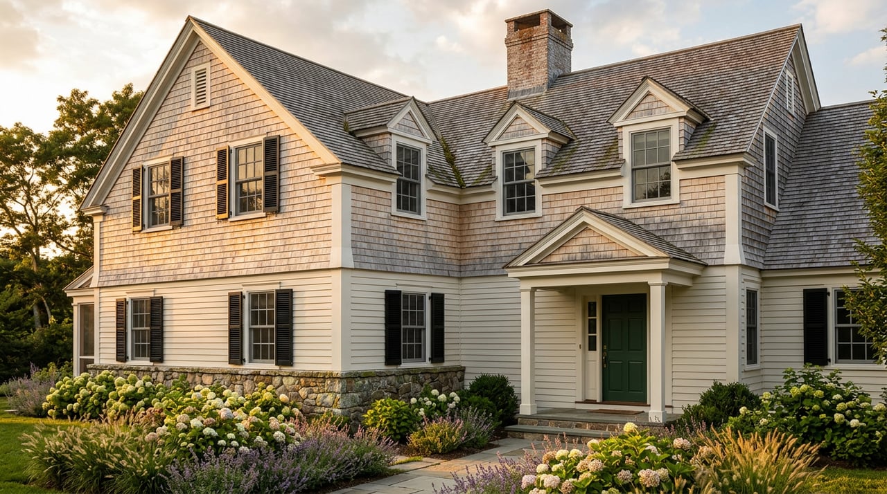 Two-story white clapboard house with gray shingle roof, green entry door, black shutters, and fieldstone foundation.