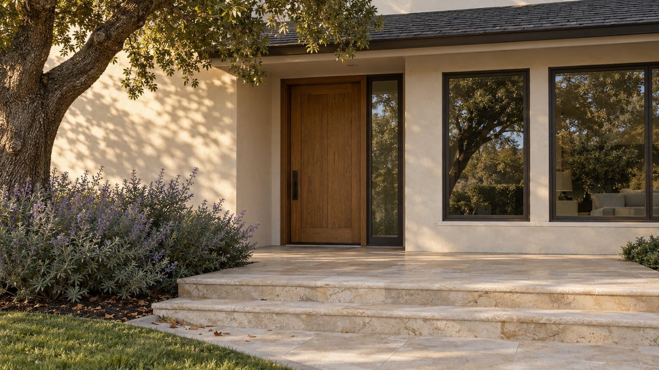 Cream stucco home entry with an oak door, limestone steps, and a mature oak beside the porch.