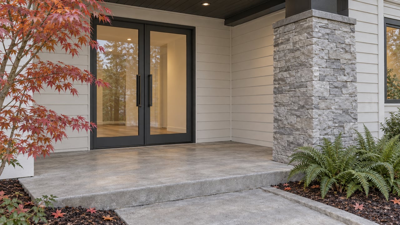 Covered contemporary home entrance with paired glass doors, pale stone column, concrete steps and red autumn maple leaves.