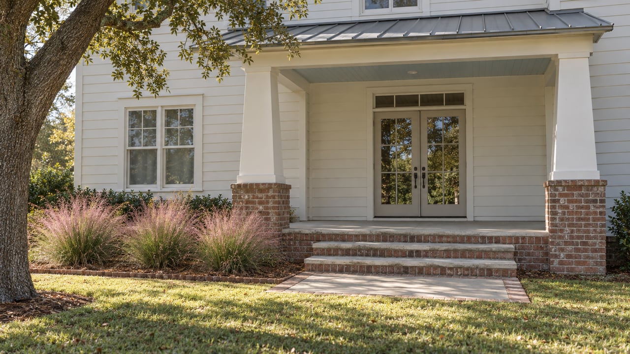 Pale clapboard house with a shaded brick-based porch, paired glass entry doors, broad steps, and pink autumn grass beside the lawn.