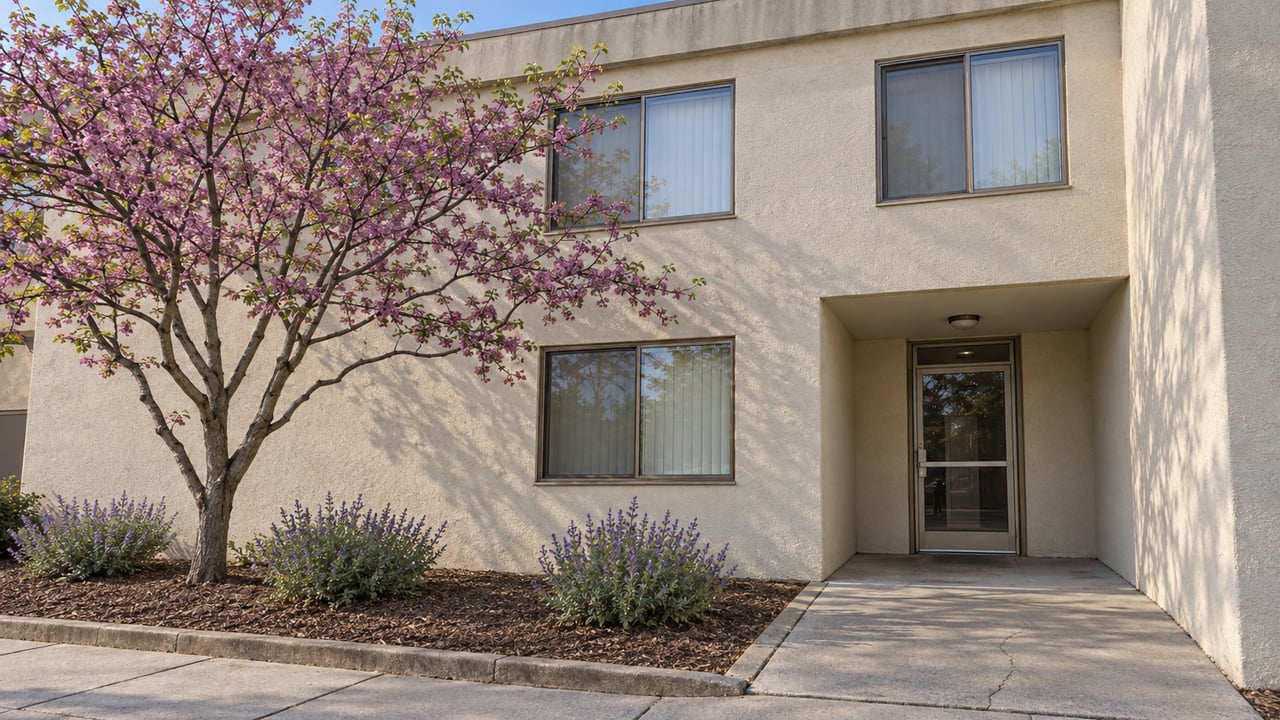 Cream stucco apartment entrance with bronze aluminum windows, a concrete approach, and a small branching tree.
