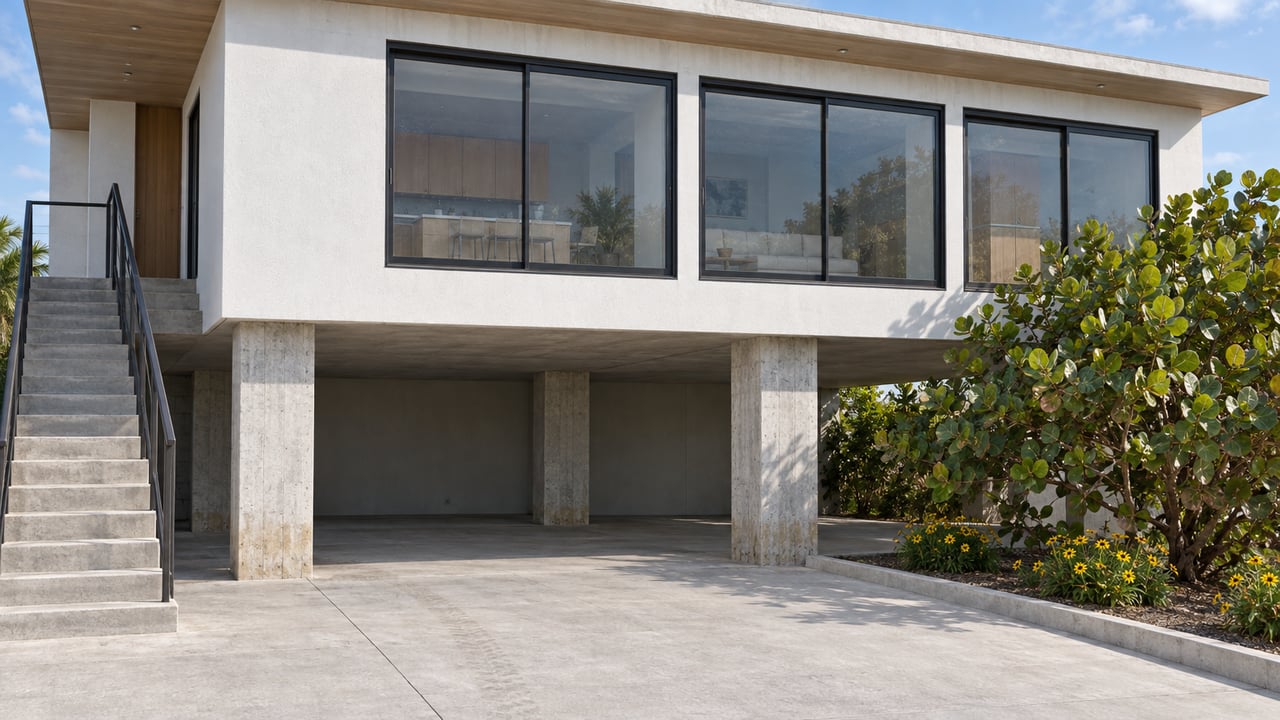Raised white stucco coastal house with sliding glass panels, concrete columns, and an exterior stair above a concrete apron.