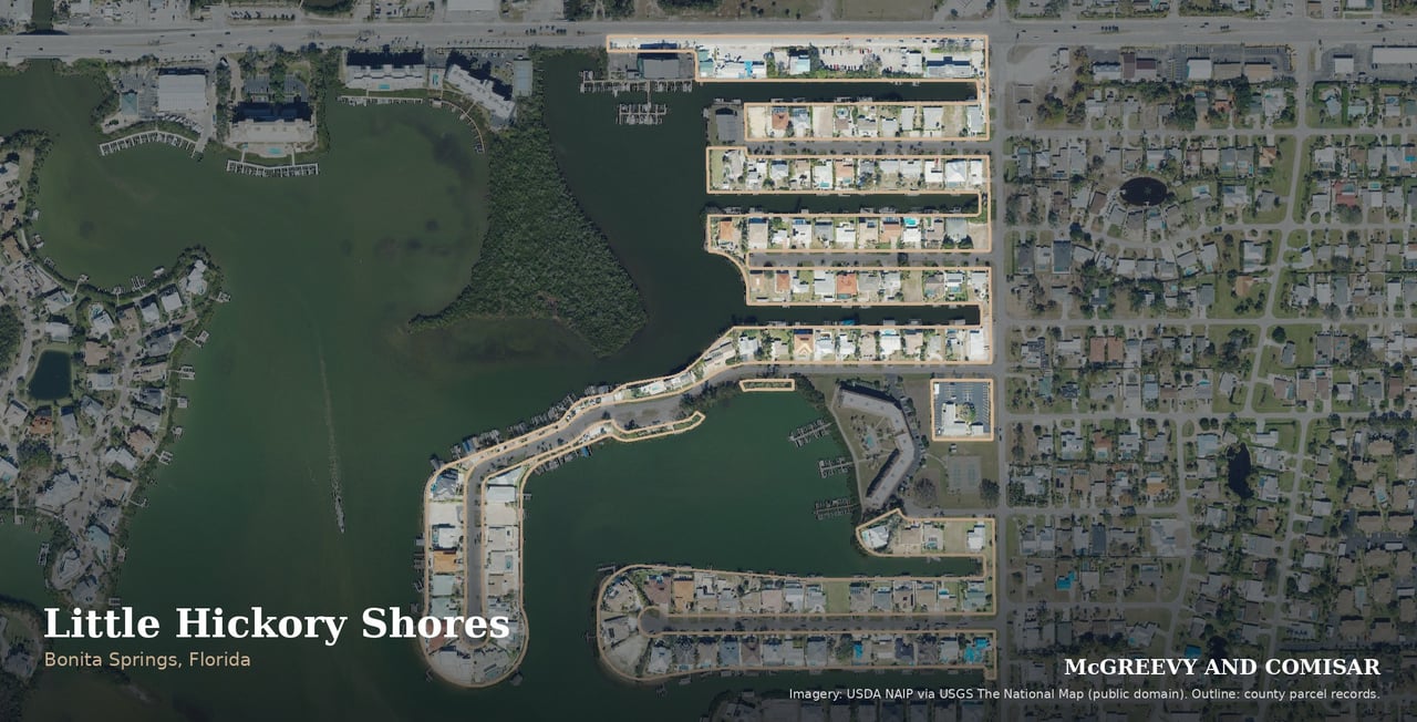 Little Hickory Shores, Bonita Springs, Florida, aerial of the canal streets outlined from county parcel records