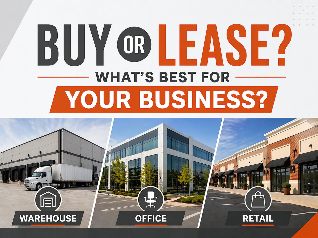 Graphic comparing buying vs leasing commercial real estate for warehouse, office, and retail space with labeled property types