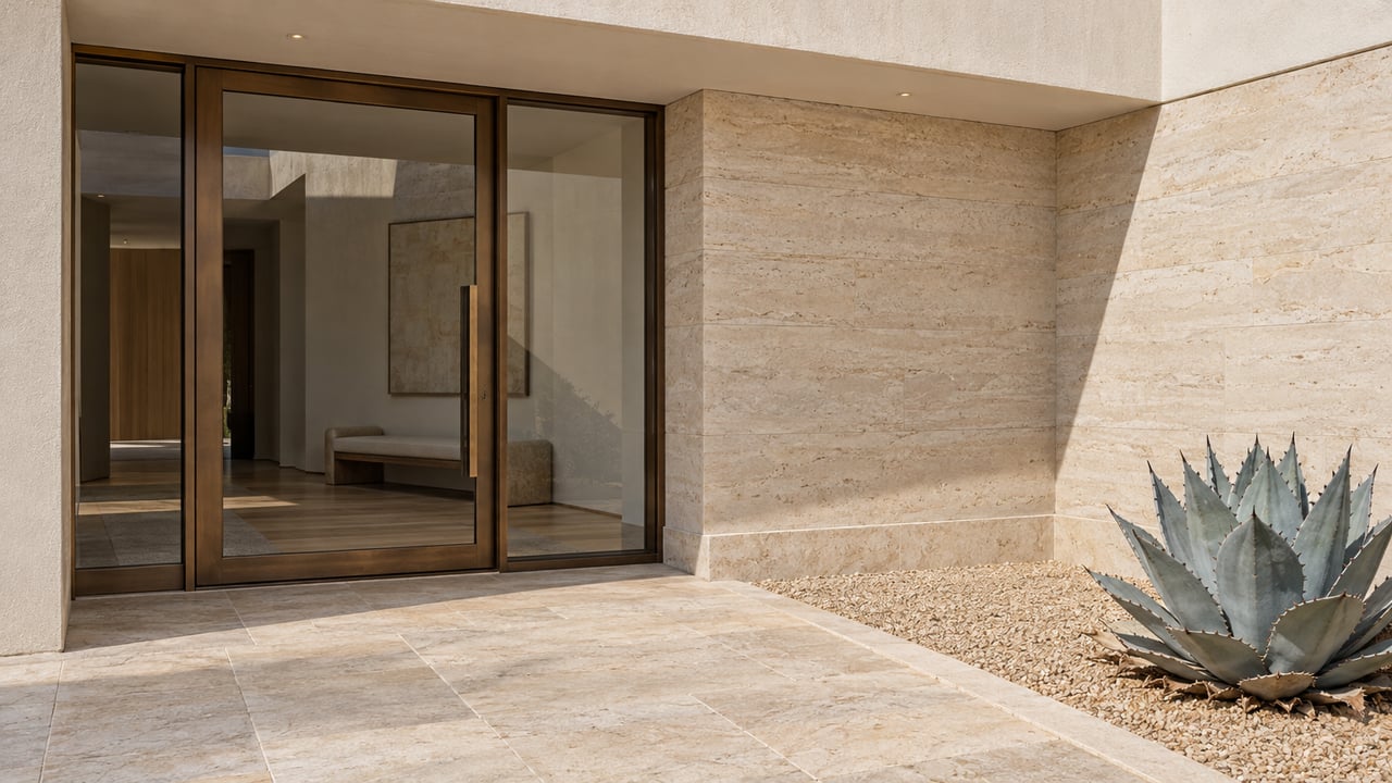 Sunlit limestone and warm stucco surround a recessed bronze-glazed villa entrance beside a single sculptural agave.