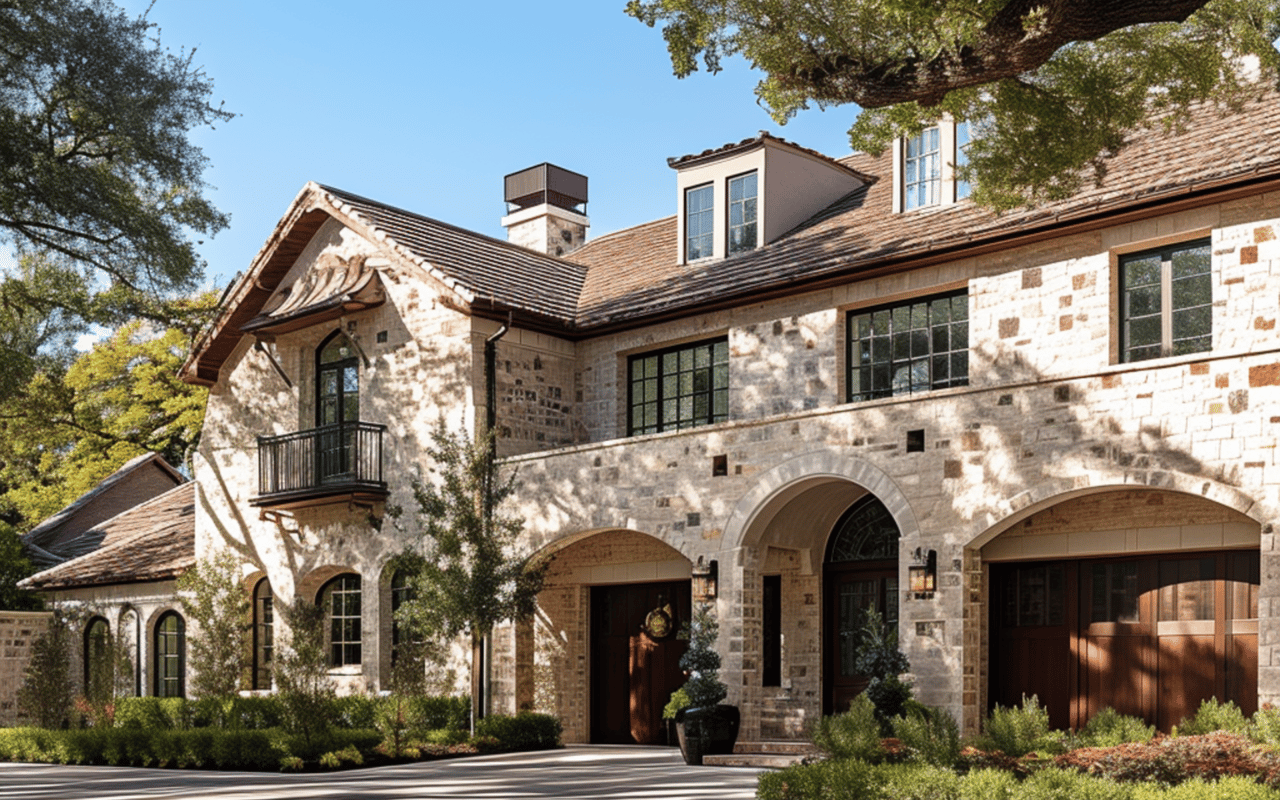 Stone house with a tiled roof, arched entry, small balcony, and landscaped front yard.