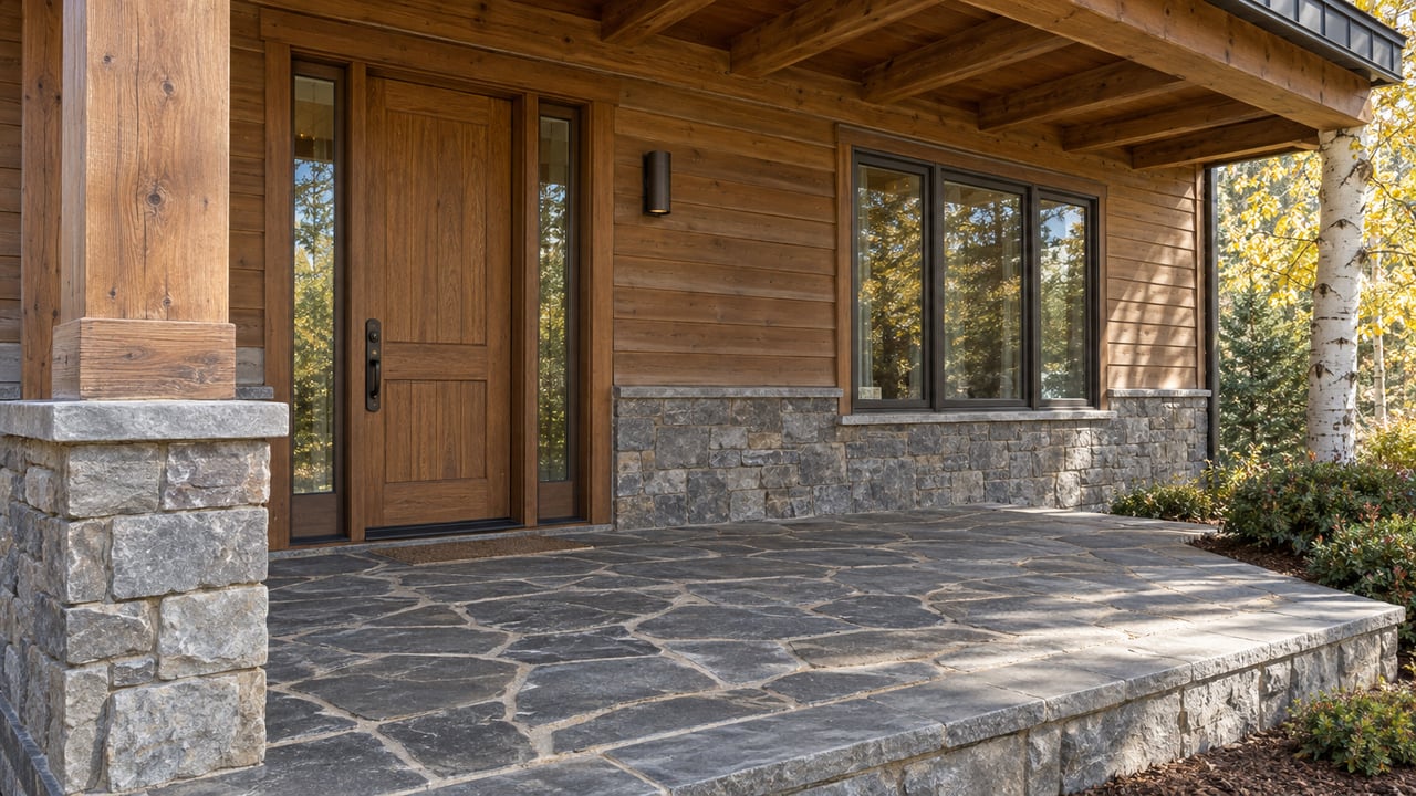 Covered cedar-and-stone home entrance with quartzite paving, bronze-framed windows and a golden aspen beside the porch.
