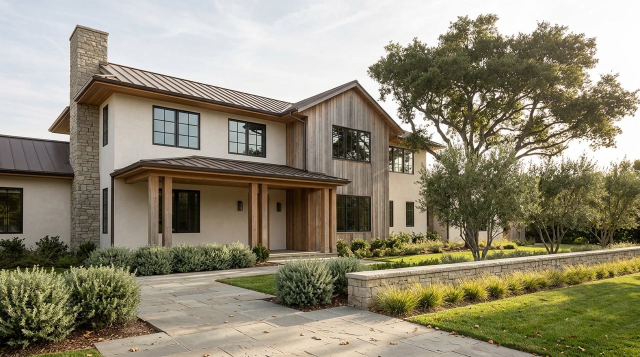 Two-story home with a cedar-clad gable, stone chimney, curving flagstone path, and mature oak.