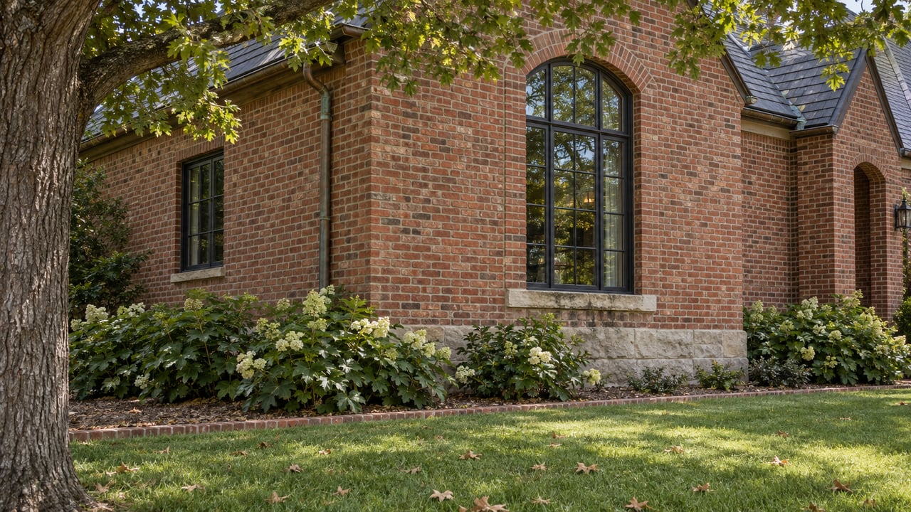 Two-story red-brick home with an arched front window, mature oak, and broad lawn.