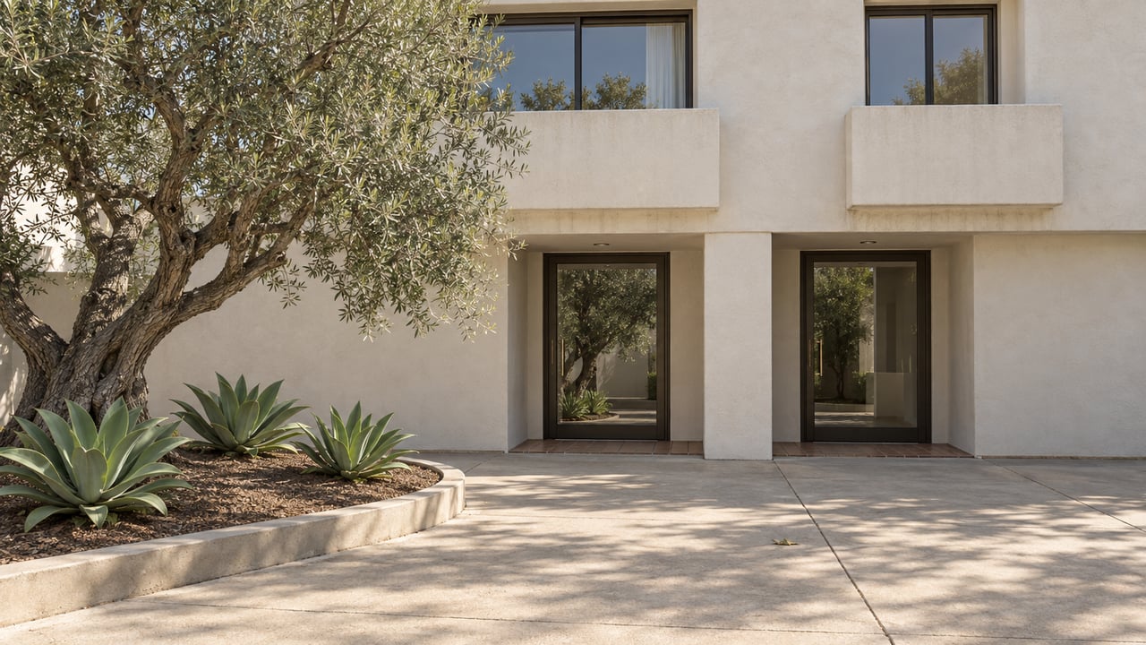 Two-story apartment building with recessed glass entries, concrete courtyard, olive tree, and agaves.