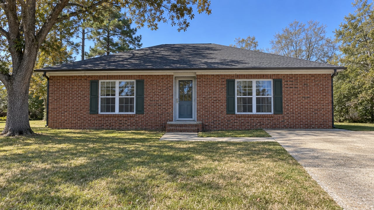 One-story brick home with paired shuttered windows, a blue-gray front door, broad lawn and a weathered concrete driveway in bright afternoon light.