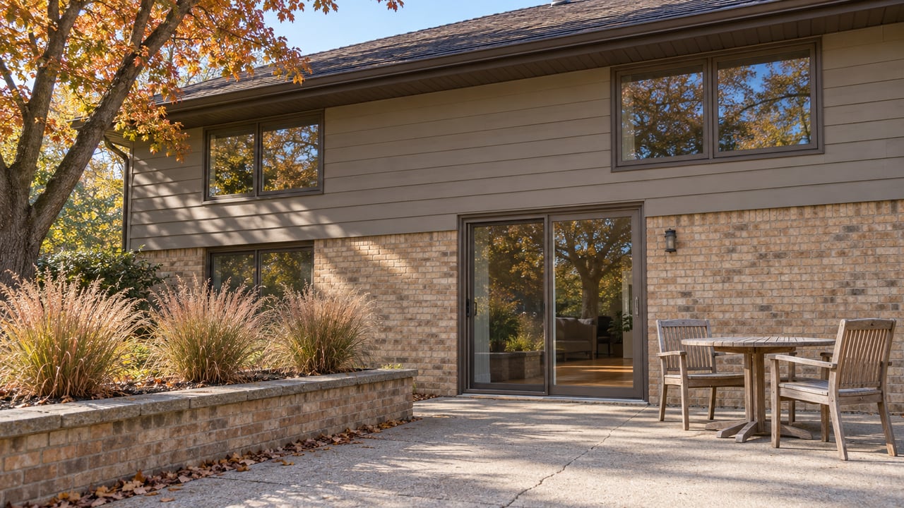 Two-story home with a brick patio wall, sliding glass door, and wooden outdoor dining set.