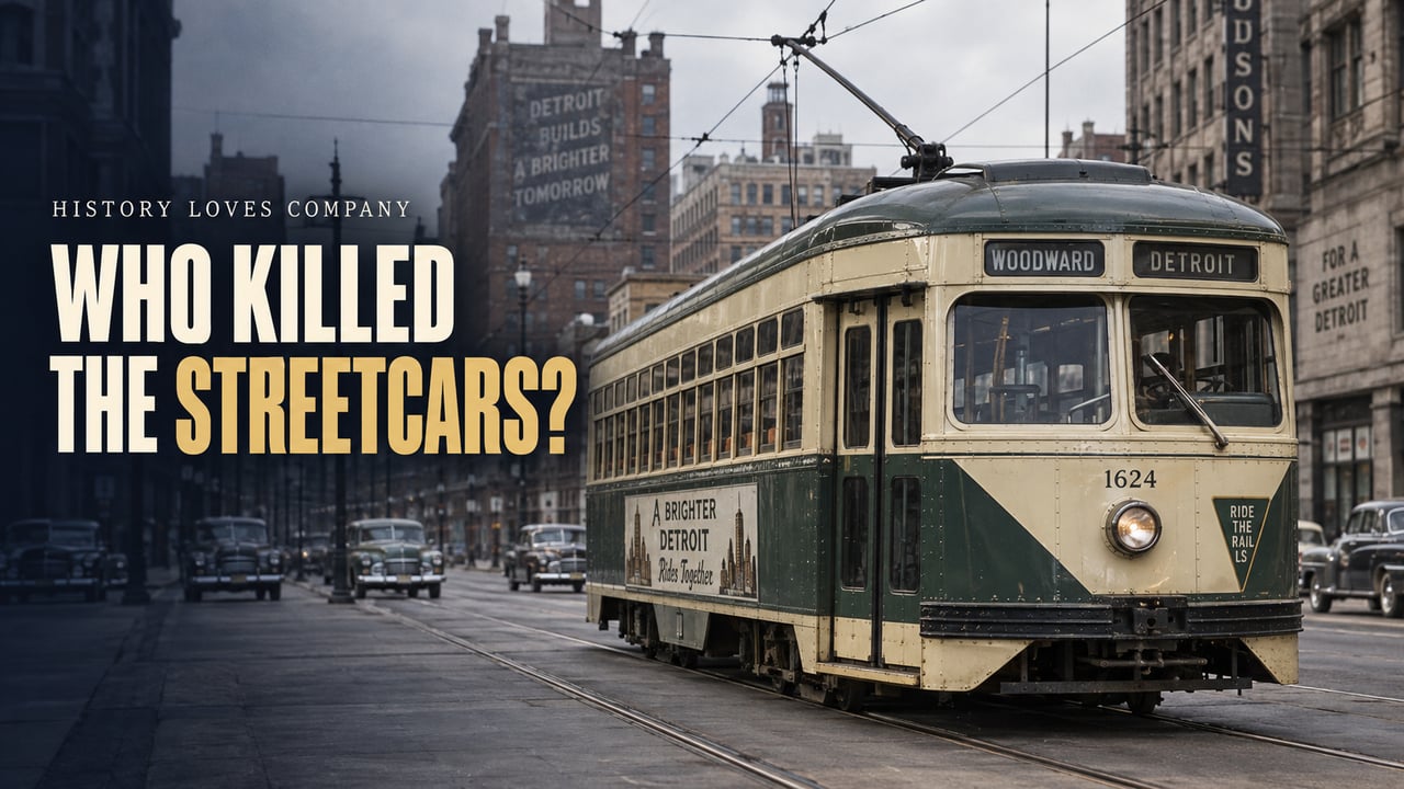 Title graphic about Detroit streetcars, featuring a vintage cream-and-green streetcar beneath the headline “Who Killed the Streetcars?”