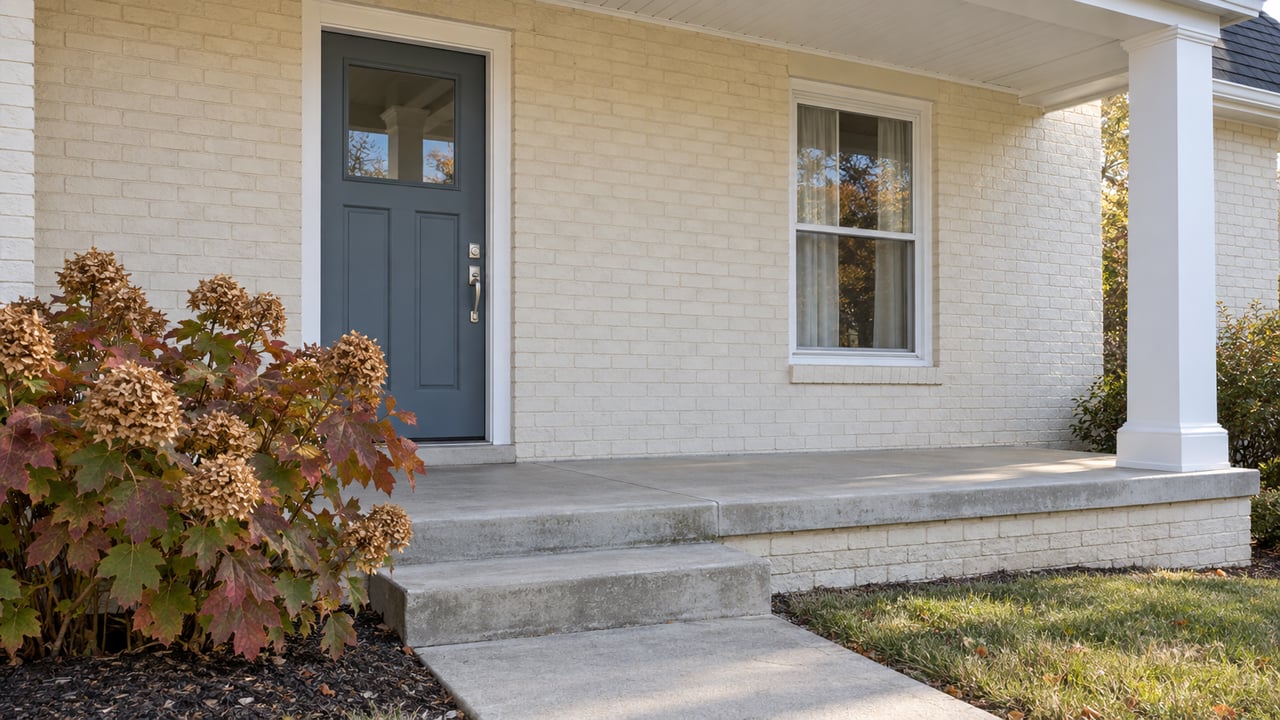 Cream-painted brick home with a slate-blue front door, white porch column, concrete steps and an oakleaf hydrangea.