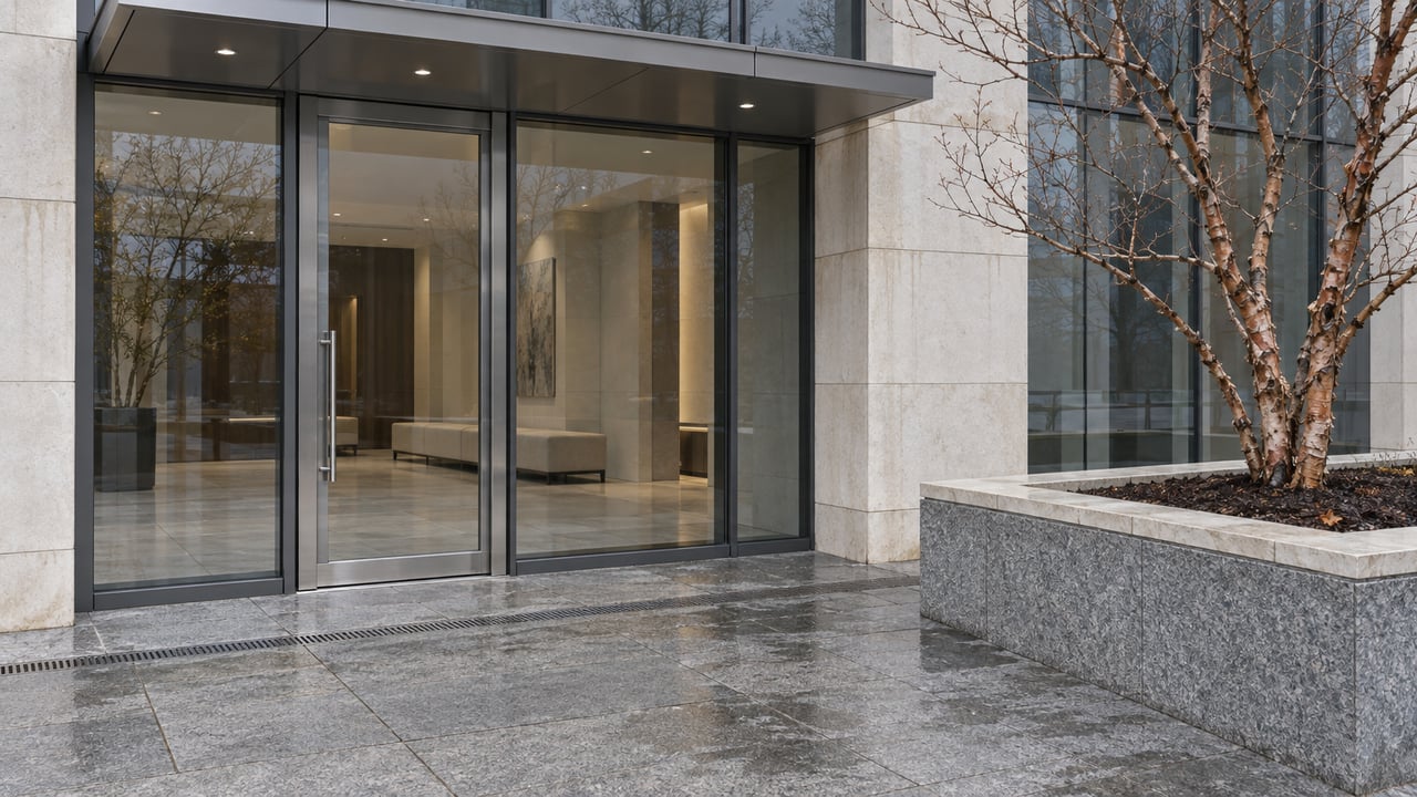 Glass residential entrance with pale limestone surrounds, gray granite paving and a copper-barked leafless maple in a raised stone planter.