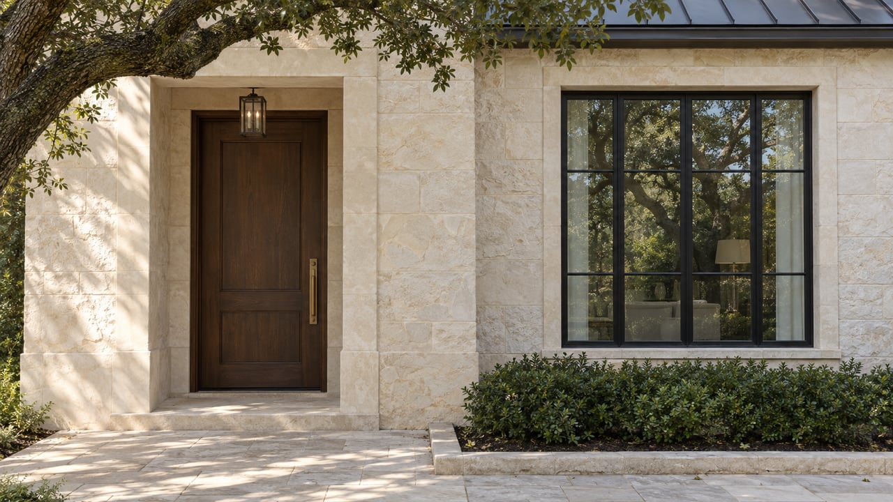 Pale limestone facade with a recessed oak door, black-steel window, and oak branches overhead.