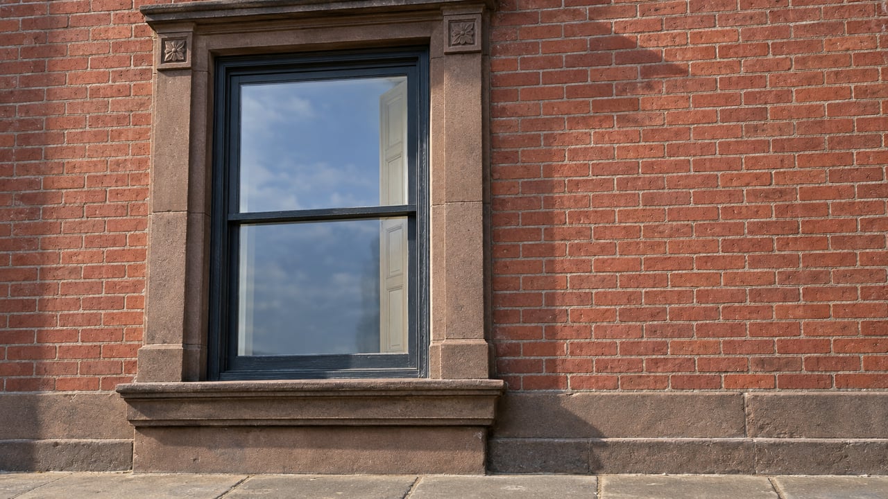 Afternoon light across a carved brownstone window surround, warm red brick and a closed charcoal-painted townhouse window.