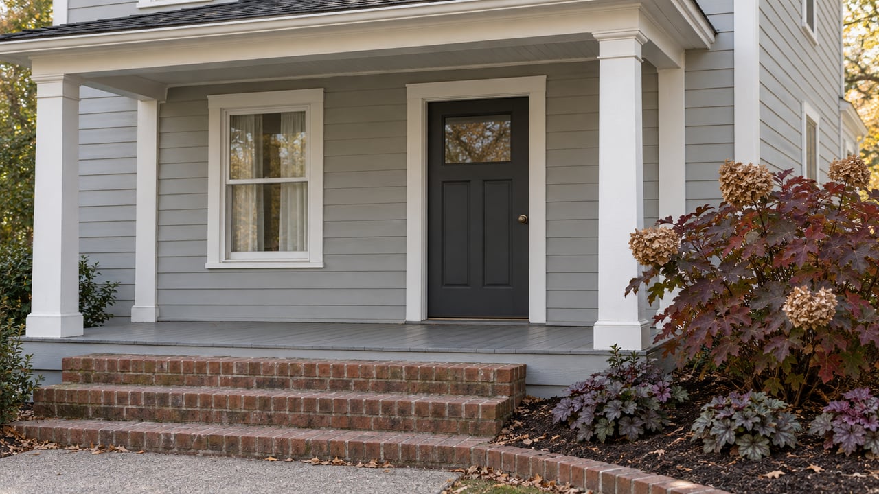 Painted wood porch and brick steps at a gray clapboard home, beside autumn oakleaf hydrangea and coral bells.