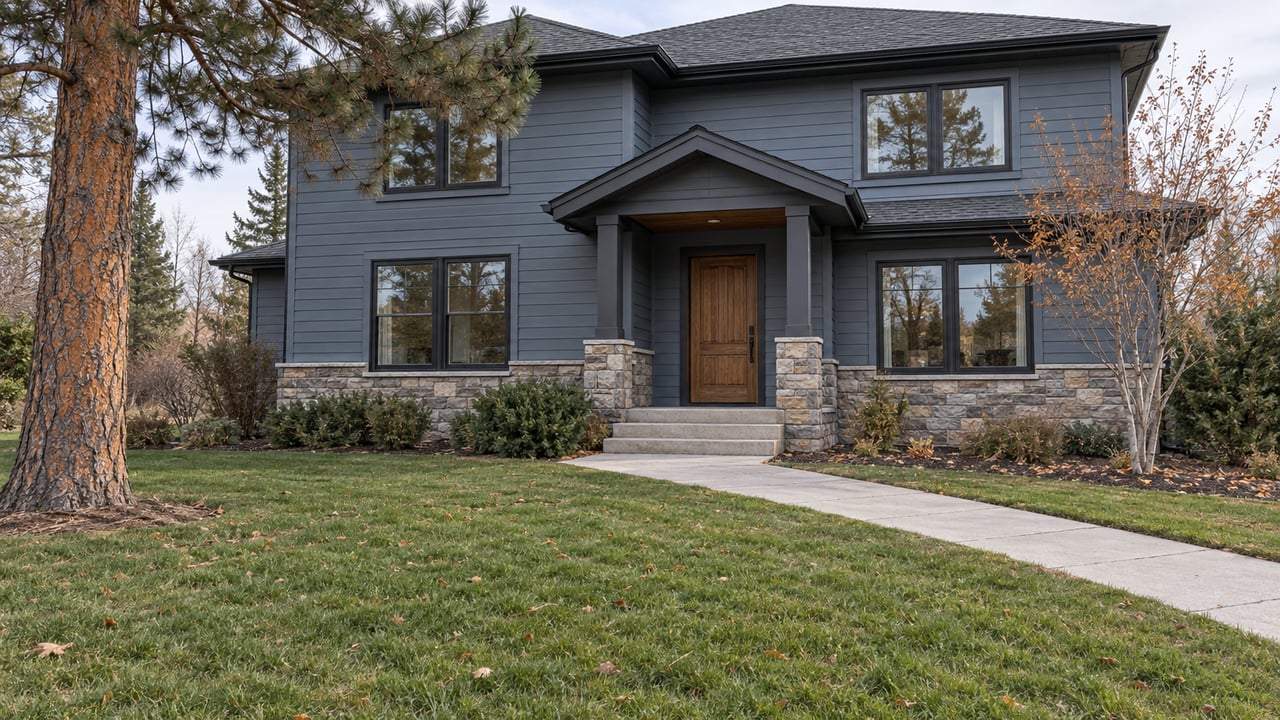 Blue-gray gabled home beyond a deep late-autumn lawn, with stone foundation, oak front door and a mature pine.