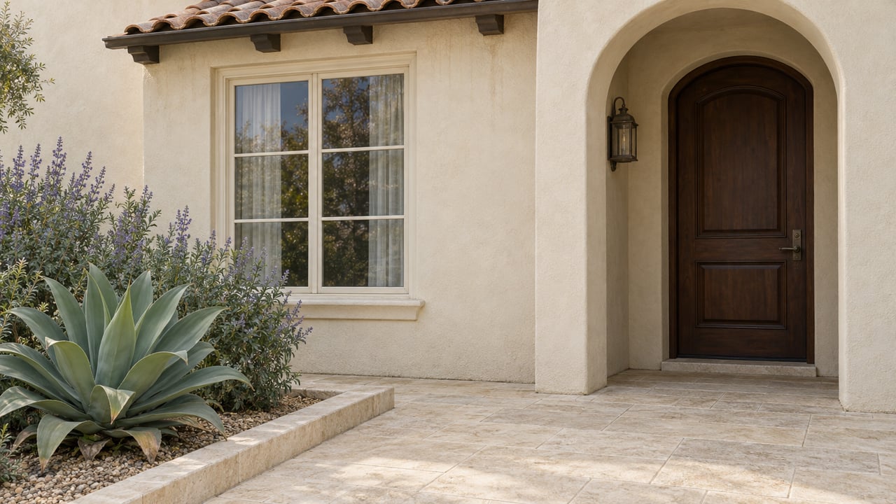 Cream stucco home entrance with a walnut door, divided-light window, pale limestone landing and sculptural drought-adapted planting.