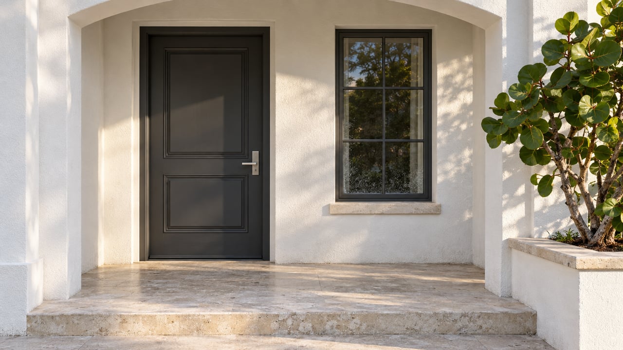 White stucco portico with a charcoal paneled door, divided-light window and pale limestone steps beside a sea grape planter.