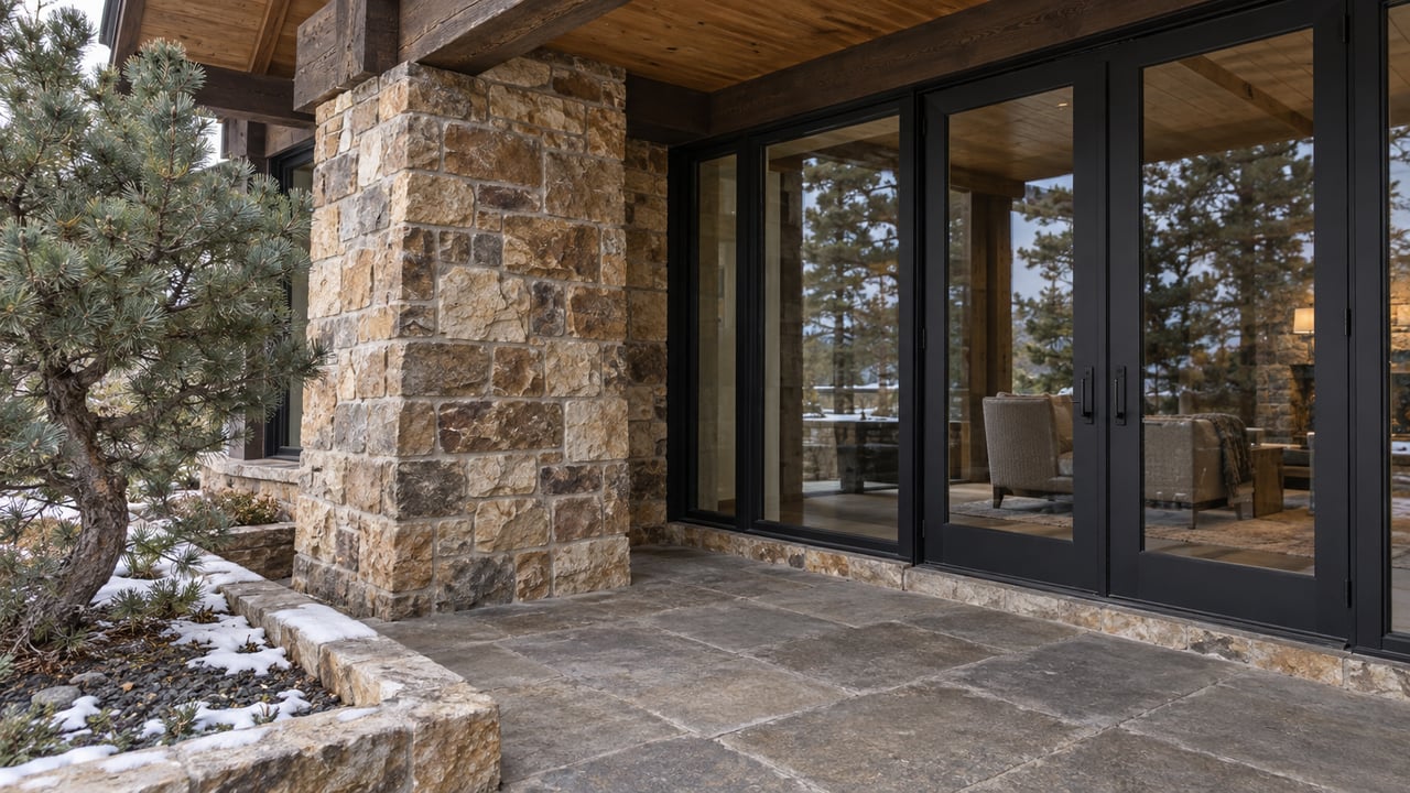 Sheltered lodge terrace with weathered timber beams, warm stonework, closed black-framed glass doors and a pine beside traces of snow.