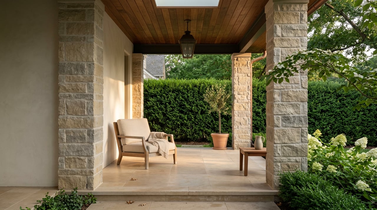 Limestone porch with teak lounge chair, walnut ceiling, bronze lantern, and clipped hedge beyond.