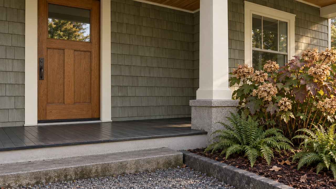 Close view of a cedar-shingled home's covered porch, oak entry door, and autumn oakleaf hydrangea beside a concrete step.
