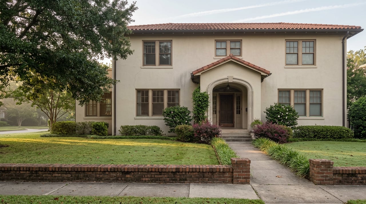 Two-story stucco residence with an arched entry, terra-cotta roof, oak canopy, and low brick wall.
