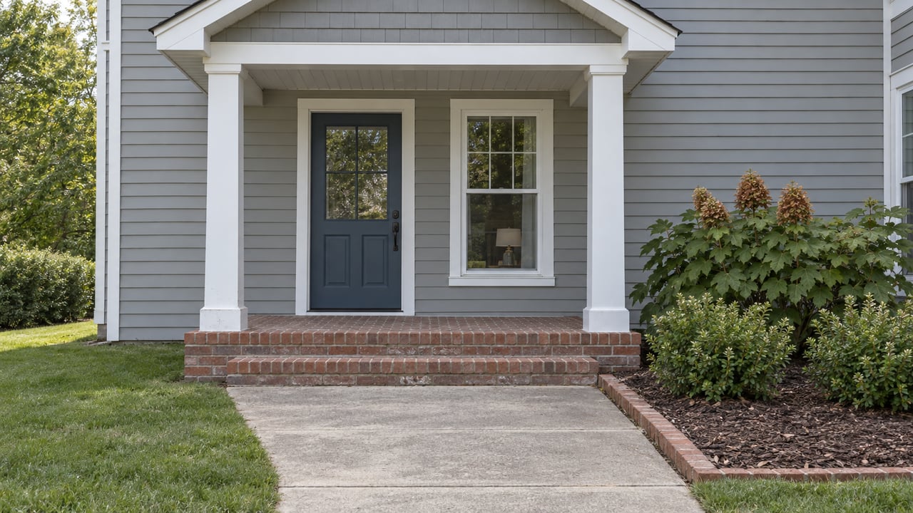 Gray-sided house entry with a blue-gray door, white porch posts, brick steps and a hydrangea beside a tall window.