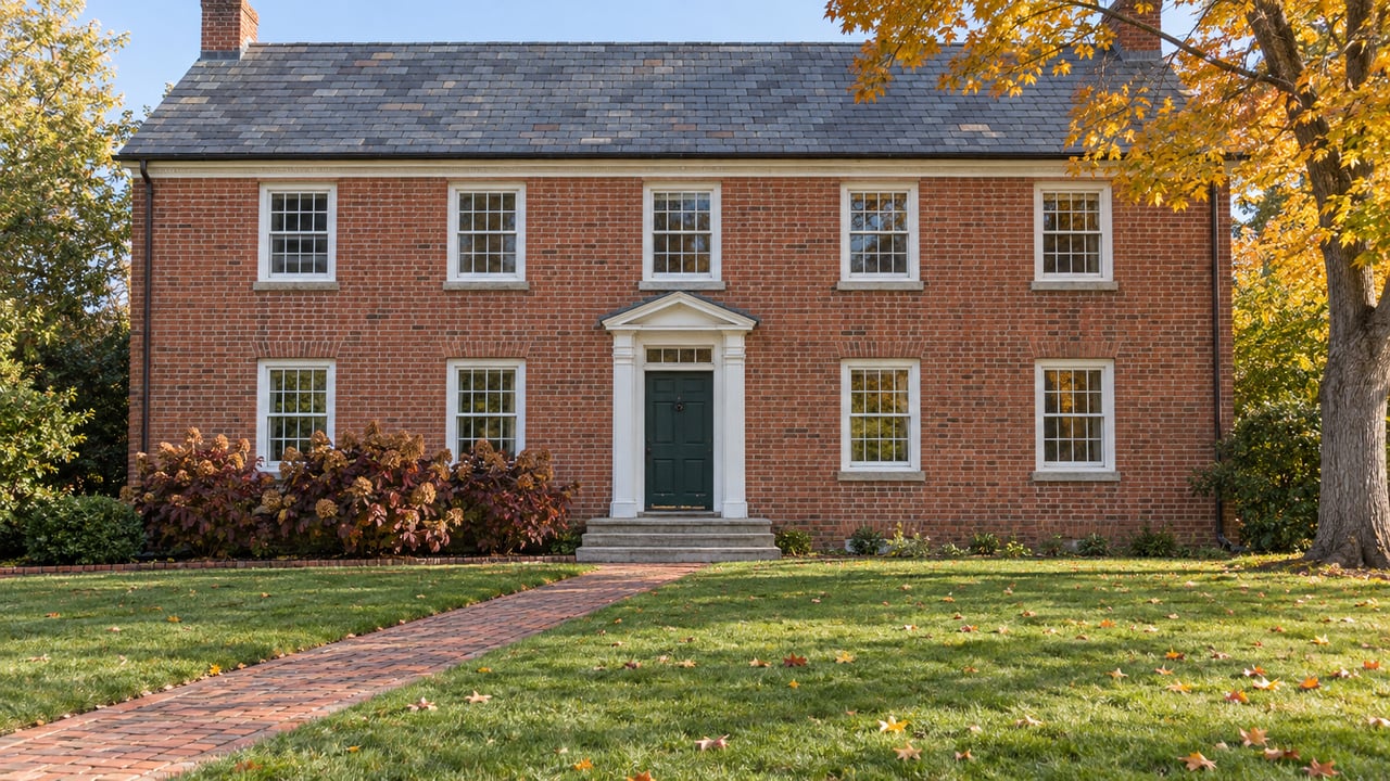 Two-story red brick home with a slate roof, white sash windows and a brick approach crossing an autumn lawn beneath a sugar maple.