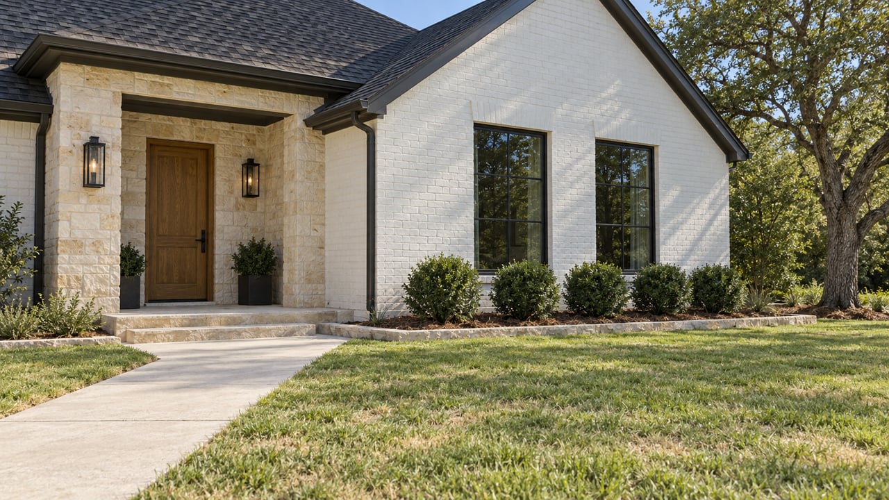 Painted-brick home with a limestone entry, oak front door, black-framed windows, and a broad lawn beside a concrete approach.