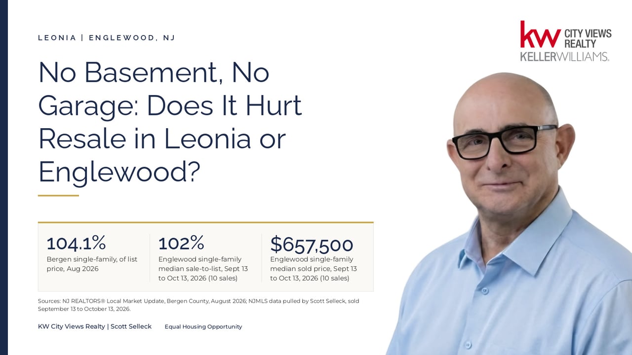 Graphic titled No Basement, No Garage: Does It Hurt Resale in Leonia or Englewood?, showing Bergen County single-family homes selling at 104.1% of list price per the NJ REALTORS Bergen County report for August 2026, and Englewood single-family homes selling at a median 102% of list price and a median $657,500 per NJMLS data pulled by Scott Selleck for September 13 to October 13, 2026, beside a photo of Scott Selleck. KW City Views Realty | Scott Selleck.