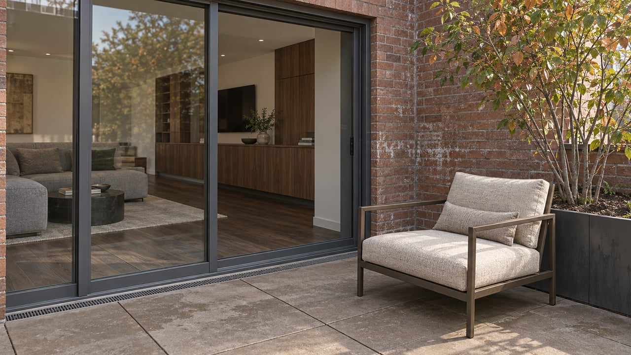 A quiet condominium terrace with taupe stone paving, a bronze-framed lounge chair and a copper-leaved serviceberry beside closed glass doors into a walnut-finished living room.