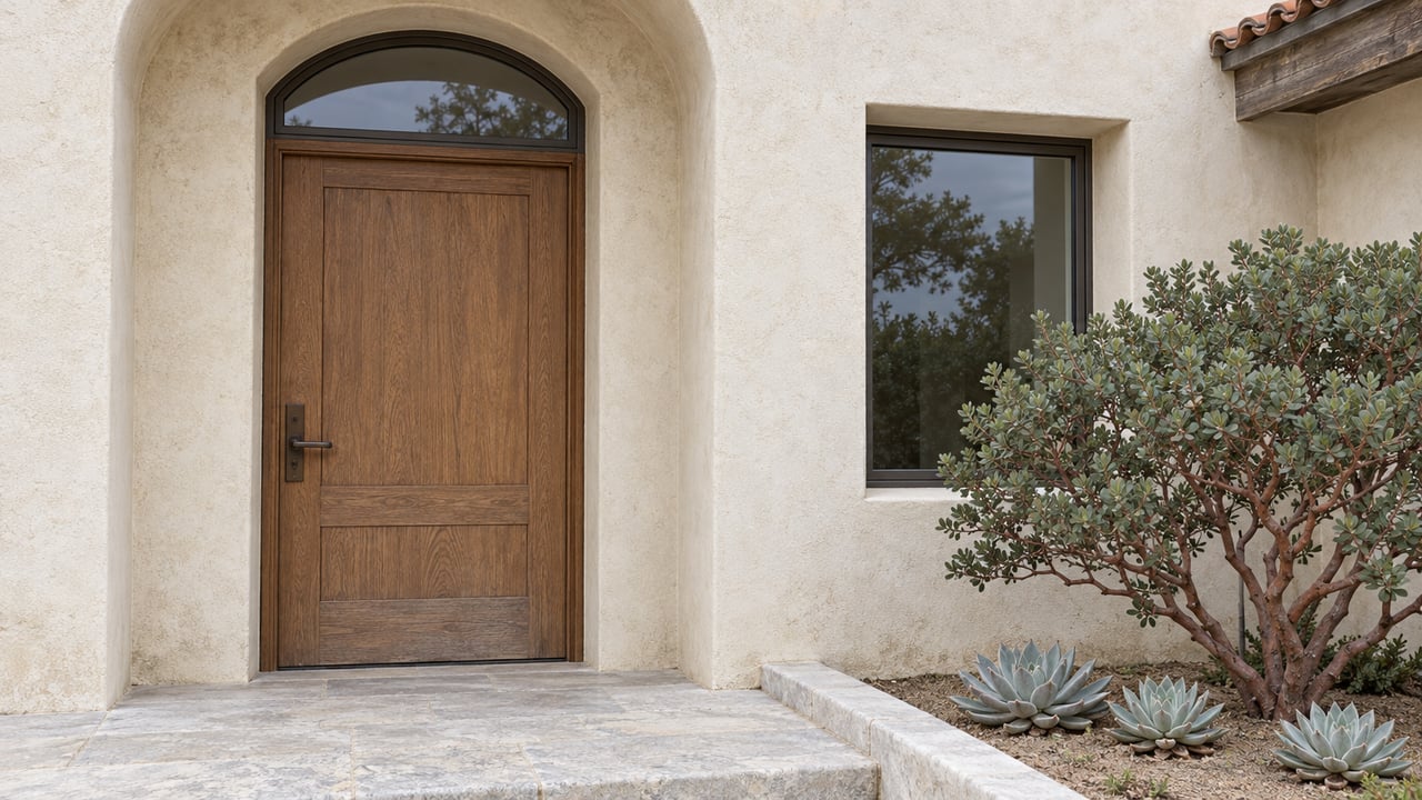 Close view of a stucco home's arched oak entry, bronze-framed window, limestone landing and sculptural manzanita planting.