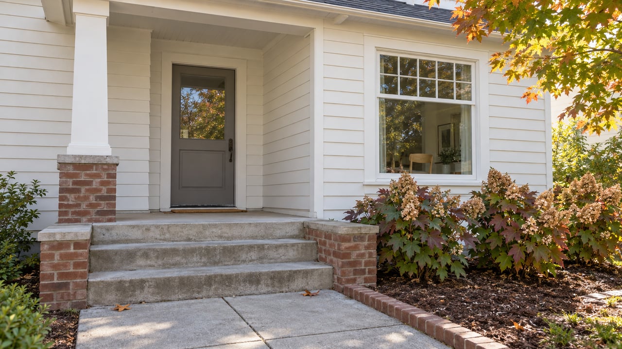 White lap-sided home with a gray glazed front door, brick-edged concrete porch steps and amber maple leaves.