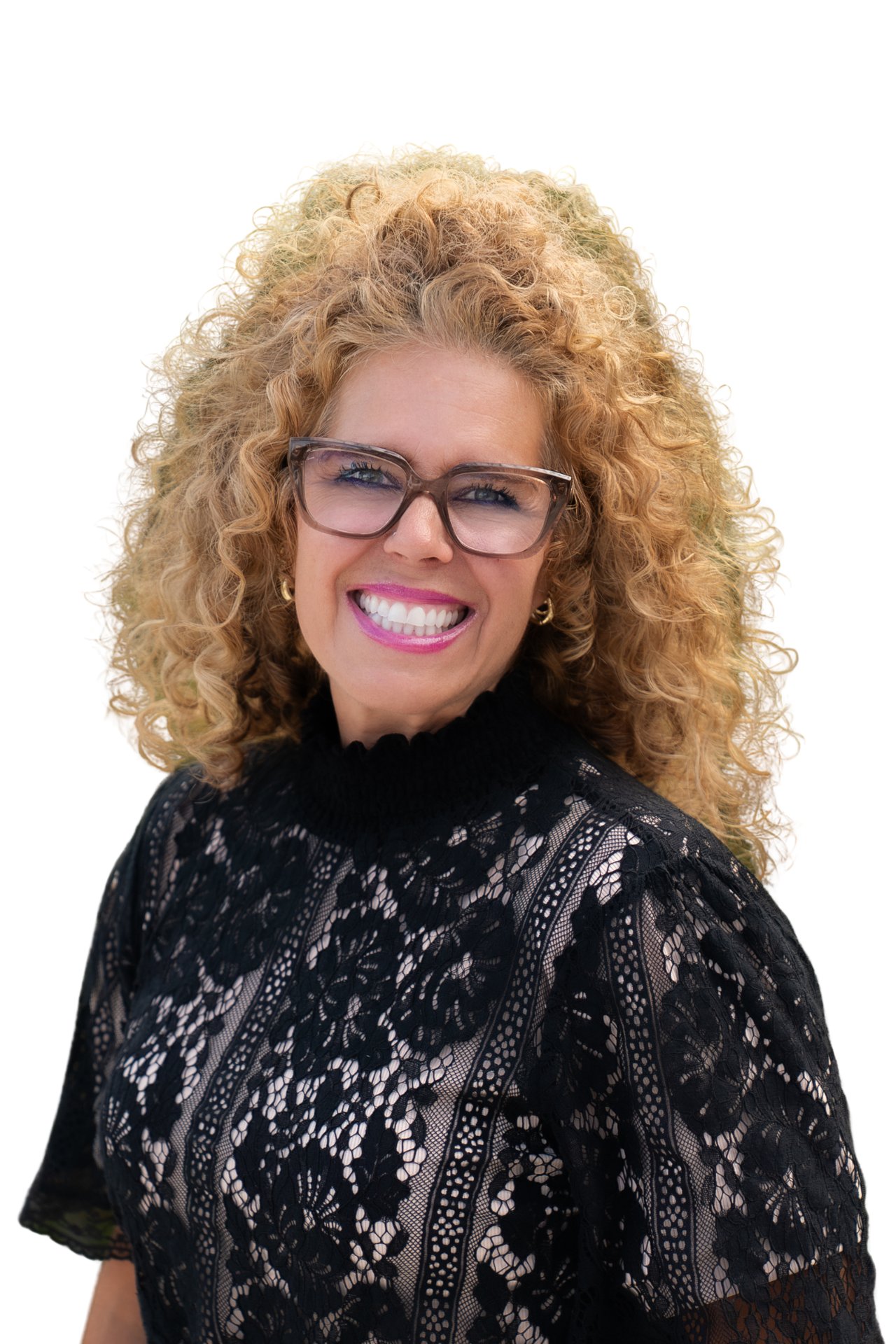 Gina Story smiling in glasses and a black lace top.