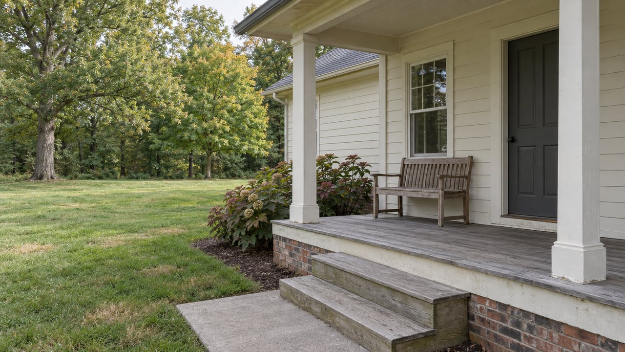 Covered wood porch of a cream-sided gabled home beside a deep lawn and mature deciduous trees.