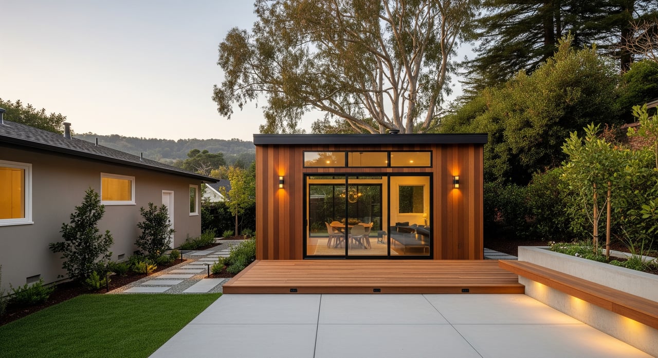 Modern wood-clad garden studio with glass doors, a broad patio, and illuminated steps between trees.